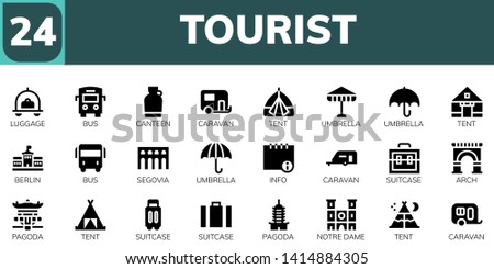 tourist icon set. 24 filled tourist icons.  Simple modern icons about  - Luggage, Bus, Canteen, Caravan, Tent, Umbrella, Berlin, Segovia, Info, Suitcase, Arch, Pagoda, Notre dame