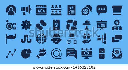 group icon set. 32 filled group icons. on blue background style Simple modern icons about  - User, Plate, Moustache, Stats, Communication, Management, Stumbleupon, Graph, , Candy