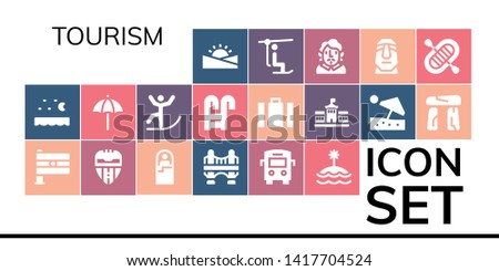 tourism icon set. 19 filled tourism icons.  Simple modern icons about  - Sunset, Sea, India, Sleeping bag, Bridge, Bus, Island, Beach umbrella, Skiing, Swimming pool