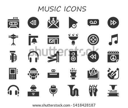 music icon set. 30 filled music icons.  Collection Of - Recorder, Skip, Invitation, Play, Recording, Forwards, Cymbals, Bell, Music store, Bouquet, Button, Tuba, Headphones