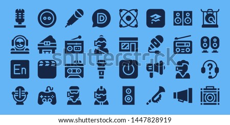 audio icon set. 32 filled audio icons. on blue background style Collection Of - Microphone, DJ, Encore, Button, Piano, Video, Play, Karaoke, Radio, Recorder, Call center, Disqus