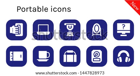 portable icon set. 10 filled portable icons.  Collection Of - Handheld, Laptop, Cup, Mirror, Computer, Tablet, Gym bag, Hdd, Headphones