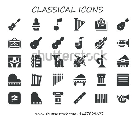 classical icon set. 30 filled classical icons.  Simple modern icons about  - Acoustic guitar, Statue, Musical note, Harp, Note, Guitar, Frame, Fiddle, Saxophone, Violin, Jazz