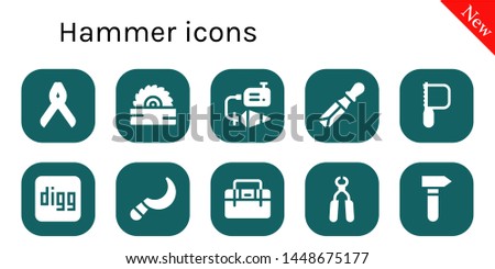 hammer icon set. 10 filled hammer icons.  Simple modern icons about  - Pliers, Saw, Plumb bob, Chisel, Digg, Sickle, Toolbox, Hammer