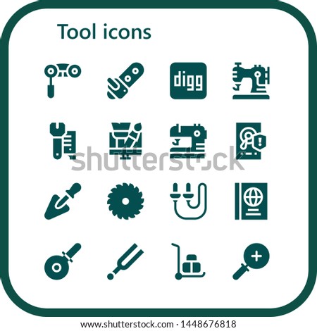 tool icon set. 16 filled tool icons.  Collection Of - Binoculars, Chainsaw, Digg, Sewing machine, Wrench, Design, Sewing, Hard disk, Trowel, Saw, Skip rope, Passports, Pizza cutter