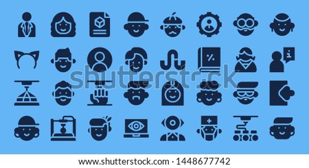 avatar icon set. 32 filled avatar icons. on blue background style Simple modern icons about  - Businessman, Headband, 3d, Avatar, Woman, Man, User, Spy, Stumbleupon, Arab woman