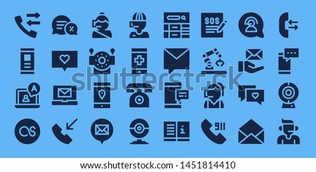 chat icon set. 32 filled chat icons. on blue background style Collection Of - Call, Smartphone, Chat, Lastfm, Conversation, Email, Phone call, Call center, Robot, Phone, Webcam