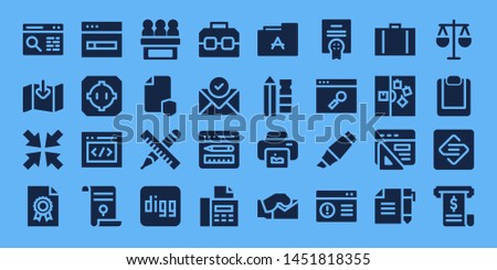 document icon set. 32 filled document icons. on blue background style Collection Of - Browser, Download, Minimize, File, Dohyo, Html, Agreement, Jury, Pencil, Digg, Case, Email