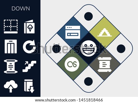 down icon set. 13 filled down icons.  Simple modern icons about  - Yahoo, Upload, Download, Scroll, Stairs, Lift, Redo, Bottom, Menu, Ladder, Lastfm