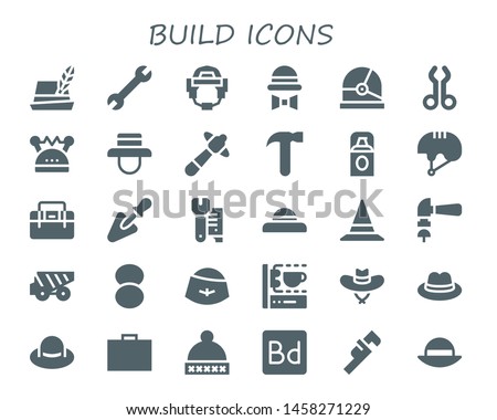build icon set. 30 filled build icons.  Simple modern icons about  - Hat, Wrench, Helmet, Tool, Hammer, Foundation, Toolbox, Trowel, Dump truck, 3d printing scanner, Phonegap build