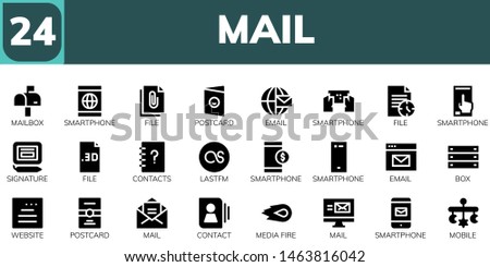 mail icon set. 24 filled mail icons.  Simple modern icons about  - Mailbox, Smartphone, File, Postcard, Email, Signature, Contacts, Lastfm, Box, Website, Mail, Contact, Media fire