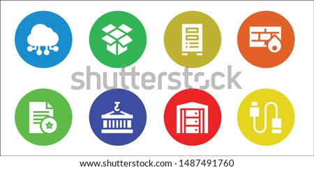 storage icon set. 8 filled storage icons.  Collection Of - Cloud computing, Document, Dropbox, Container, Server, Firewall, Usb
