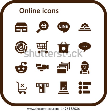 online icon set. 16 filled online icons.  Collection Of - Shop, Online shop, Line, Manual, Robot, Shopping cart, Shopping basket, Chat, Reddit, Video, Browser, Checker, Atm, Delivery