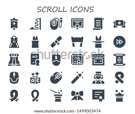 scroll icon set. 30 filled scroll icons.  Simple modern icons about  - Banner, Mouse, Diploma, Papyrus, Slider, Magic, Forwards, Sliders, Scroll, Magician, Ribbon