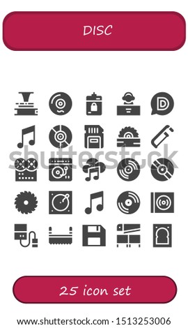 disc icon set. 25 filled disc icons.  Simple modern icons about  - Phonograph, Vinyl, Harddrive, DJ, Disqus, Music, Sd card, Saw, Turntable, Hard drive, Diskette