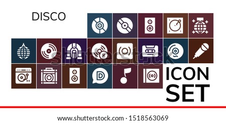 disco icon set. 19 filled disco icons.  Simple modern icons about  - Vinyl, Mirror ball, Turntable, Amplifier, Woofer, Disqus, Musical note, Jukebox, Vynil, Record, Cassette, Karaoke