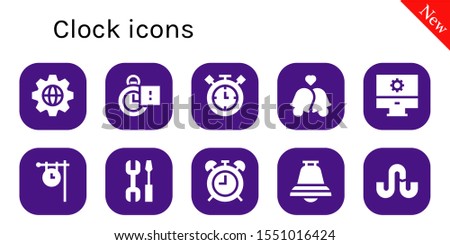 Modern Simple Set of clock Vector filled Icons. Contains such as Settings, Stopclock, Timer, Bells, Clock, Alarma clock, Bell and more Fully Editable and Pixel Perfect icons.