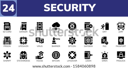 security icon set. 24 filled security icons.  Collection Of - Sd card, Danger, Stamp, Cloud, Badge, Hacker, Exit, Jury, Prison, Lifesaver, Virus, Barrier, Bitcoin, Safebox icons