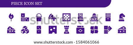 Modern Simple Set of piece Vector filled Icons. Contains such as Match, Domino, Cube, Pizza, Chess board, Chocolate, Brownie, Chess and more Fully Editable and Pixel Perfect icons.