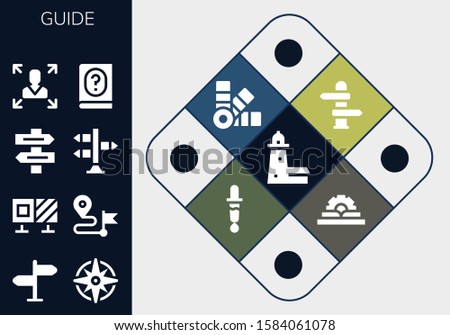 guide icon set. 13 filled guide icons.  Collection Of - Split point, Signpost, Windrose, Roadblock, Direction, Direction sign, Decision making, Manual, Pantone, Color picker icons