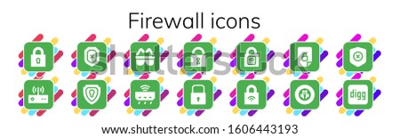 firewall icon set. 14 filled firewall icons. Included Lock, Modem, Shield, Safety, Router, Locked, Digg icons