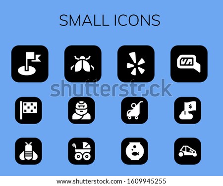 small icon set. 12 filled small icons. Included Flag, Finish flag, Bee, Ladybug, Troglodyte, Baby carriage, Yelp, Stroller, Fishbowl, Mirror, Buggy icons