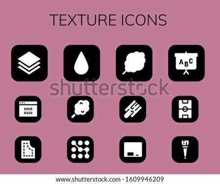 texture icon set. 12 filled texture icons. Included Layers, Binary code, Pattern, Blur, Cotton candy, Cutting board, Blackboard, Football field, Wooden leg icons