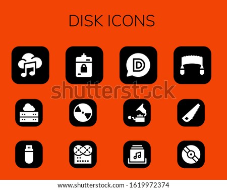 disk icon set. 12 filled disk icons. Included Music, Server, Pendrive, Harddrive, Compact disc, Disqus, Gramophone, Music album, Saw, Vinyl icons