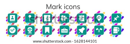 Modern Simple Set of mark Vector filled Icons. Contains such as Agenda, Check, Pin, Webcam, Information, Bookmark, Logout, Close and more Fully Editable and Pixel Perfect icons.