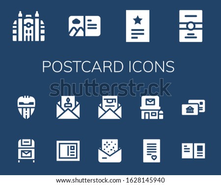 postcard icon set. 14 filled postcard icons.  Simple modern icons such as: Monaco, Postcard, Invitation, Postbox, Valencia, Love letter, Post office, Postal