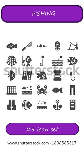 fishing icon set. 25 filled fishing icons. Included Fish, Net, Swordfish, Bait, Fishing, Hook, Sea, Dive, line, rod, Crab, Float, Lifejacket, Sleeping bag icons