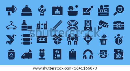 Modern Simple Set of flat Vector filled Icons. Contains such as Promotion, Hanger, Origami, Can, Hat, Whiskey, Ribs, Van, Childhood and more Fully Editable and Pixel Perfect icons.