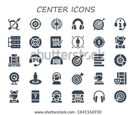 center icon set. 30 filled center icons.  Simple modern icons such as: Archery, Target, Headphones, Database, Dart, Support, Call center, Server, Storage, Left alignment, Big data