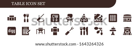 table icon set. 18 filled table icons.  Simple modern icons such as: Sofa, Cutlery, Pendulum, Restaurant, Desk chair, Meeting, Salver, Grid, Digg, Bingo, Desk, Fork, Spoons, Table