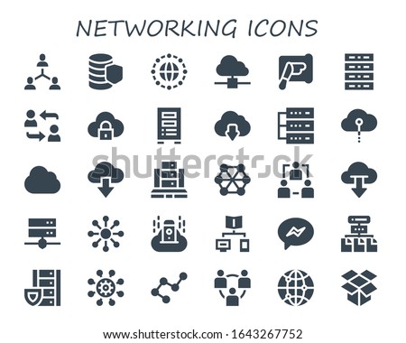 networking icon set. 30 filled networking icons. Included Connection, Database, Network, Cloud computing, Spreading, Server, Cloud download, Connect, Networking, Messenger icons