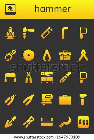 hammer icon set. 26 filled hammer icons. Included Worker, Auction, Hammer, Saw, Allen keys, Pliers, Toolbox, Chisel, Fretsaw, Trowel, Sickle, Digg icons