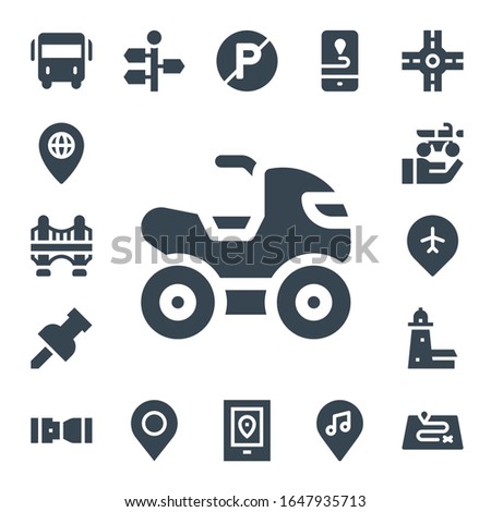 road icon set. 17 filled road icons. Included Bus, Pin, Bridge, Quad, Motorbike, Split point, Seat belt, Signpost, No parking, Gps, Location, Crossroad, Route icons