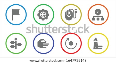 pointer icon set. 8 filled pointer icons. Included Flag, Signpost, Options, Hand, Mouse, Rotate, Time, Split point icons