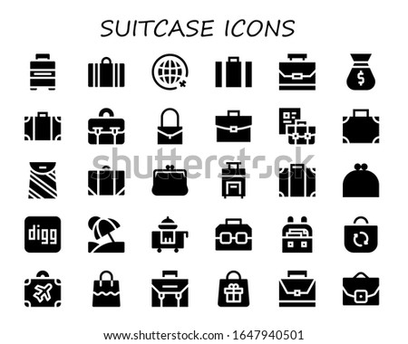 suitcase icon set. 30 filled suitcase icons.  Simple modern icons such as: Baggage, Suitcase, Travel, Case, Bag, Travel bag, Briefcase, Purse, Luggage, Digg, Vacation, Room service