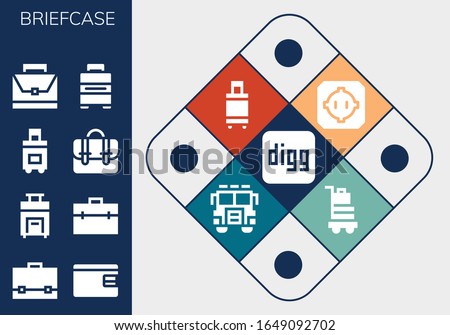 briefcase icon set. 13 filled briefcase icons. Included Digg, Briefcase, Billfold, Suitcase, Baggage, Dohyo, Jury icons