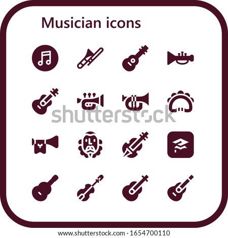musician icon set. 16 filled musician icons. Included Itunes, Trombone, Guitar, Trumpet, Tambourine, Cervantes, Violin icons
