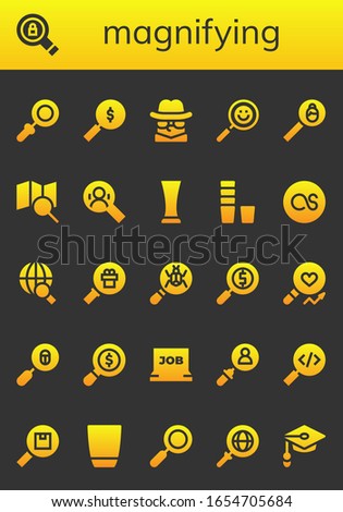 Modern Simple Set of magnifying Vector filled Icons. Contains such as Magnifying glass, Search, Detective, Glass, Lastfm, Loupe and more Fully Editable and Pixel Perfect icons.