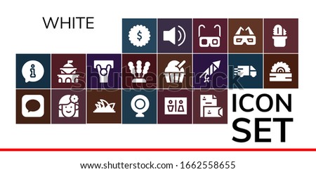 Modern Simple Set of white Vector filled Icons. Contains such as Badge, Information, Message, Woman, Opera house, Webcam, Wc, Stationery and more Fully Editable and Pixel Perfect icons.