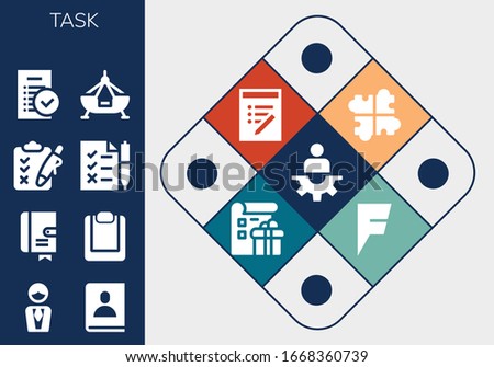 Modern Simple Set of task Vector filled Icons. Contains such as Manager, Agenda, Clipboard, Tasks, Fair ship, Solution, List, Foursquare and more Fully Editable and Pixel Perfect icons.