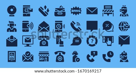 chat icon set. 32 filled chat icons. Included Webcam, Call center, Notification, Smartphone, Email, Phone call, Phone, Market, Inbox, Comic, Telephone, Chat, Operator, Help icons