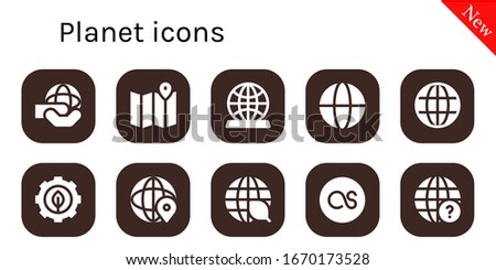 planet icon set. 10 filled planet icons. Included World, Map, Globe, Worldwide, Earth grid, Green energy, Ecology, Lastfm, Earth globe icons