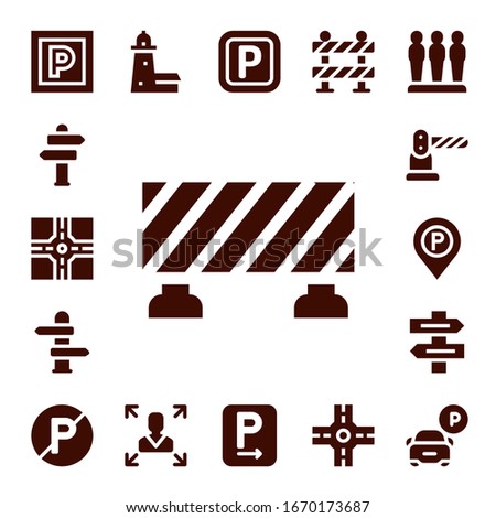 roadsign icon set. 17 filled roadsign icons. Included Parking, Sign Post, Crossroad, Barrier, Direction, Parking sign, Direction sign, No parking, Split point, Decision making icons
