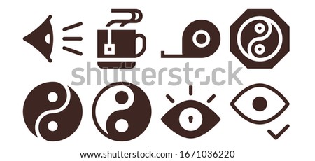10 icon set. 8 filled 10 icons. Included Yin yang, Eye, Mug, Tape measure icons
