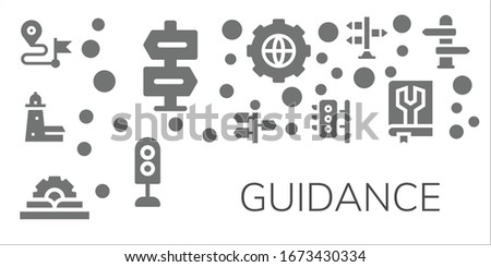 Modern Simple Set of guidance Vector filled Icons. Contains such as Direction, Split point, Signpost, Manual, Traffic lights, Options and more Fully Editable and Pixel Perfect icons.