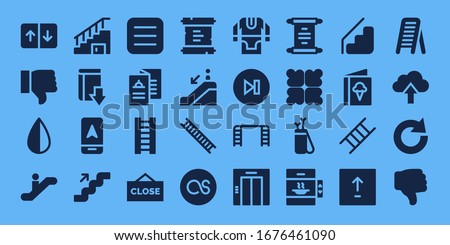down icon set. 32 filled down icons. Included Elevator, Dislike, Negative, Escalator, Stairs, Download, Arrow, Menu, Ladder, Close, Scroll, Escalator down, Lastfm, Tunic icons